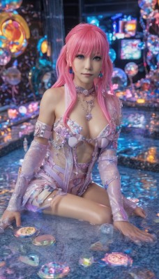 1girl,solo,long hair,breasts,looking at viewer,smile,bangs,blue eyes,navel,cleavage,bare shoulders,jewelry,medium breasts,sitting,pink hair,earrings,parted lips,detached sleeves,barefoot,choker,water,necklace,blurry,lips,see-through,blurry background,arm support,ring,gem,revealing clothes,armlet,realistic,yokozuwari,pool,large breasts,wet,night,watermark,hyur