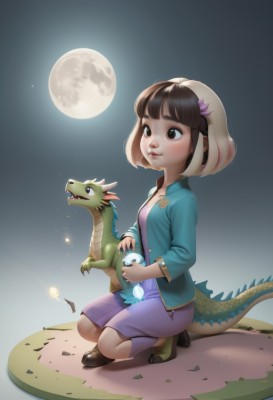 1girl,solo,breasts,smile,short hair,bangs,brown hair,hair ornament,long sleeves,dress,brown eyes,jewelry,jacket,tail,full body,flower,multicolored hair,parted lips,open clothes,horns,shoes,teeth,socks,artist name,hair flower,black footwear,black eyes,high heels,two-tone hair,open jacket,lips,kneeling,night,moon,squatting,blue jacket,purple dress,full moon,purple skirt,nose,dragon,dragon tail,scales,skirt,shirt,holding,small breasts,outdoors,sky,shorts,pants,blunt bangs,nail polish,streaked hair,fangs,watermark,bob cut,night sky,creature,purple jacket