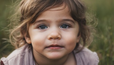 1girl,solo,looking at viewer,short hair,blue eyes,brown hair,closed mouth,frills,blurry,lips,depth of field,blurry background,portrait,close-up,realistic,nose,female child,bangs,outdoors,parted lips,eyelashes,grass,wind