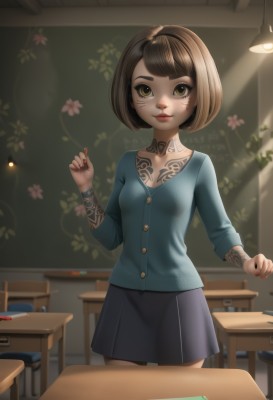 1girl,solo,breasts,looking at viewer,smile,short hair,bangs,skirt,brown hair,shirt,long sleeves,holding,brown eyes,closed mouth,school uniform,standing,collarbone,cowboy shot,pleated skirt,small breasts,artist name,indoors,black skirt,nail polish,lips,mole under eye,tattoo,makeup,buttons,swept bangs,chair,facial mark,sunlight,bob cut,blue shirt,red nails,desk,red lips,classroom,school desk,arm tattoo,chalkboard,chest tattoo,school chair,neck tattoo,chalk,blue skirt,freckles,cigarette