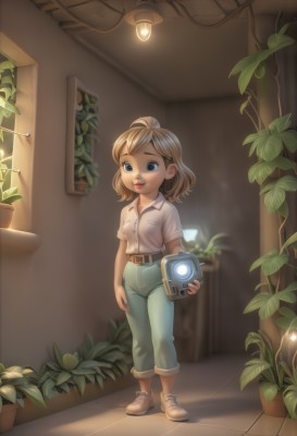 1girl,solo,breasts,looking at viewer,smile,short hair,bangs,blue eyes,blonde hair,brown hair,shirt,holding,standing,full body,white shirt,short sleeves,shoes,collared shirt,belt,pants,artist name,indoors,medium hair,blurry,makeup,white footwear,plant,denim,sneakers,child,pocket,jeans,camera,blue pants,tiles,red lips,female child,shirt tucked in,potted plant,brown belt,breast pocket,tile floor,green pants,holding camera,lips,leaf,brown footwear