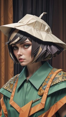 1girl,solo,looking at viewer,short hair,bangs,shirt,black hair,hat,closed mouth,green eyes,upper body,collared shirt,artist name,blurry,lips,grey eyes,blurry background,freckles,realistic,nose,green shirt,blush,eyelashes,thick eyebrows,red lips