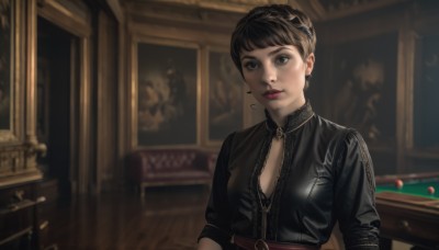 1girl,solo,breasts,looking at viewer,short hair,bangs,brown hair,black hair,dress,cleavage,brown eyes,jewelry,medium breasts,closed mouth,underwear,upper body,braid,earrings,small breasts,belt,indoors,bra,blurry,black eyes,lips,blurry background,chair,table,black bra,realistic,nose,crown braid,leather,painting (object),blue eyes,long sleeves,jacket,makeup,lipstick,zipper,red lips,leather jacket