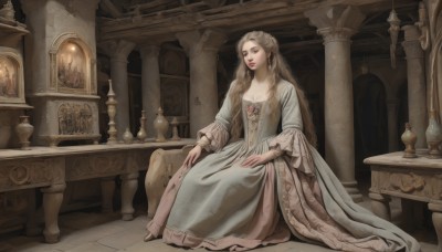 1girl,solo,long hair,breasts,looking at viewer,blonde hair,brown hair,long sleeves,dress,cleavage,brown eyes,jewelry,sitting,very long hair,braid,earrings,indoors,lips,blue dress,table,long dress,pillar,vase,painting (object),carpet,gown,medium breasts,flower,parted lips,makeup,lipstick,red lips,candle,statue,arch,column