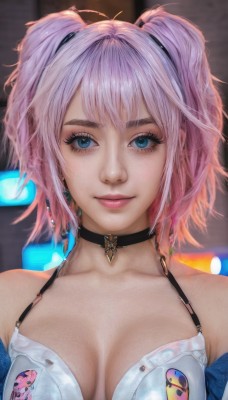 1girl,solo,breasts,looking at viewer,smile,short hair,bangs,blue eyes,cleavage,bare shoulders,twintails,jewelry,medium breasts,closed mouth,underwear,collarbone,upper body,pink hair,multicolored hair,earrings,choker,shiny,bra,blurry,two side up,lips,eyelashes,makeup,blurry background,black choker,portrait,eyeshadow,freckles,pink lips,realistic,nose,eyeliner,straight-on,mascara,large breasts,swimsuit,bikini,artist name,depth of field,white bikini,light smile,lipstick,breasts apart,badge