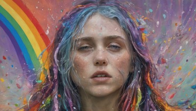 1girl,solo,long hair,looking at viewer,blue eyes,blue hair,multicolored hair,parted lips,teeth,black eyes,lips,portrait,freckles,water drop,realistic,nose,rainbow,colorful,rainbow hair,water,grey eyes