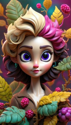 1girl,solo,looking at viewer,smile,short hair,blue eyes,blonde hair,brown hair,holding,jewelry,closed mouth,purple eyes,collarbone,upper body,pink hair,multicolored hair,earrings,food,artist name,blurry,two-tone hair,lips,eyelashes,makeup,fruit,leaf,thick eyebrows,plant,lipstick,eyeshadow,freckles,grapes,mascara,jacket,white hair,curly hair,brown jacket