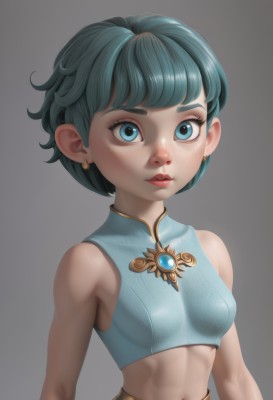 1girl,solo,breasts,looking at viewer,short hair,bangs,blue eyes,simple background,shirt,navel,bare shoulders,jewelry,closed mouth,blue hair,upper body,earrings,small breasts,green hair,sleeveless,midriff,grey background,stomach,lips,crop top,eyelashes,sleeveless shirt,aqua hair,makeup,blue shirt,lipstick,brooch,gem,freckles,nose,red lips