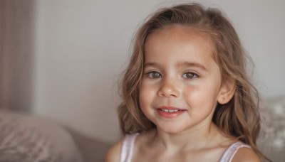 1girl,solo,long hair,looking at viewer,smile,open mouth,brown hair,bare shoulders,brown eyes,collarbone,upper body,parted lips,teeth,blurry,lips,depth of field,blurry background,child,portrait,forehead,realistic,female child,real life insert,wings