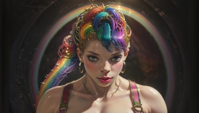 1girl,solo,long hair,breasts,looking at viewer,blush,smile,bangs,hair ornament,bare shoulders,jewelry,closed mouth,green eyes,blue hair,collarbone,upper body,ponytail,pink hair,purple hair,multicolored hair,earrings,parted lips,green hair,necklace,lips,eyelashes,makeup,piercing,lipstick,portrait,eyeshadow,hoop earrings,realistic,nose,red lips,eyeliner,rainbow,colorful,mascara,rainbow hair,blue eyes,cleavage,shiny,black background,freckles