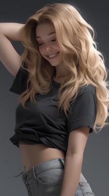 1girl,solo,long hair,breasts,smile,blonde hair,simple background,shirt,navel,jewelry,closed eyes,upper body,short sleeves,teeth,midriff,pants,necklace,grin,arm up,lips,crop top,gradient,black shirt,gradient background,wavy hair,thick eyebrows,denim,t-shirt,freckles,arm behind head,jeans,realistic,nose,medium breasts,parted lips,grey background,black background