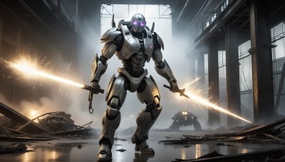 HQ,holding,standing,purple eyes,weapon,solo focus,sword,holding weapon,no humans,glowing,holding sword,robot,ground vehicle,mecha,glowing eyes,science fiction,dual wielding,realistic,military vehicle,glowing eye,ruins,one-eyed,energy sword,zeon,water,reflection,damaged,beam saber