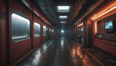 indoors,no humans,window,scenery,reflection,science fiction,door,tiles,light,tile floor,train,train station,reflective floor,seat,realistic,cable,hallway,screen