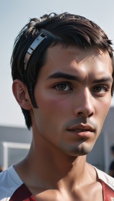 solo,looking at viewer,short hair,brown hair,shirt,black hair,1boy,brown eyes,collarbone,upper body,male focus,parted lips,teeth,artist name,indoors,blurry,lips,blurry background,facial hair,portrait,freckles,sportswear,realistic,nose,volleyball uniform,sunlight,close-up