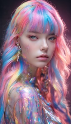 1girl,solo,long hair,looking at viewer,bangs,blue eyes,jewelry,closed mouth,blue hair,upper body,pink hair,multicolored hair,earrings,artist name,blunt bangs,necklace,blurry,from side,two-tone hair,lips,eyelashes,makeup,depth of field,wavy hair,expressionless,gem,portrait,eyeshadow,freckles,pink lips,realistic,nose,red lips,eyeliner,mascara,parted lips,watermark,black background,crystal,scales