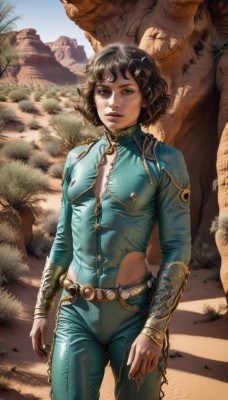 1girl,solo,breasts,looking at viewer,short hair,brown hair,black hair,hair ornament,long sleeves,brown eyes,jewelry,standing,cowboy shot,small breasts,outdoors,parted lips,day,belt,pants,dark skin,black eyes,leotard,dark-skinned female,tree,lips,bodysuit,watermark,web address,zipper,curly hair,rock,realistic,nose,arms at sides,desert,sky,hairclip,fantasy,statue