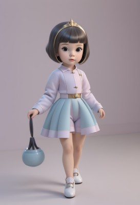 1girl,solo,looking at viewer,short hair,bangs,skirt,simple background,brown hair,shirt,black hair,long sleeves,holding,brown eyes,closed mouth,standing,full body,white shirt,hairband,shoes,shorts,belt,blunt bangs,black eyes,lips,blue skirt,see-through,loli,shadow,white footwear,bob cut,suspenders,tiara,child,female child,dress,realistic