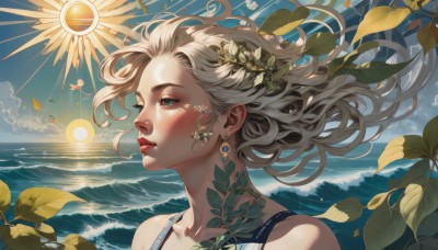 1girl,solo,long hair,blue eyes,blonde hair,hair ornament,bare shoulders,jewelry,collarbone,flower,grey hair,earrings,outdoors,parted lips,sky,day,cloud,hair flower,water,lips,eyelashes,tattoo,floating hair,bird,ocean,leaf,looking away,beach,sunlight,plant,wind,portrait,sunset,nose,sun,red lips,waves,upper body,blue sky,looking to the side,half-closed eyes,tank top