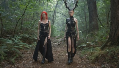 long hair,looking at viewer,short hair,multiple girls,skirt,dress,holding,2girls,bare shoulders,standing,weapon,grey hair,red hair,boots,outdoors,sleeveless,sword,holding weapon,armor,black dress,tree,knife,nature,forest,walking,realistic,arms at sides,antlers,breasts,thighhighs,jewelry,medium breasts,white hair,horns,pointy ears,necklace,elf