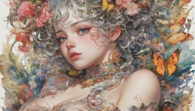 1girl,solo,long hair,breasts,looking at viewer,blue eyes,large breasts,hair ornament,white background,cleavage,bare shoulders,jewelry,upper body,flower,grey hair,earrings,parted lips,artist name,signature,hair flower,necklace,lips,grey eyes,eyelashes,leaf,wavy hair,bug,plant,butterfly,portrait,pink flower,circlet,bangs,medium breasts,tattoo,realistic,nose