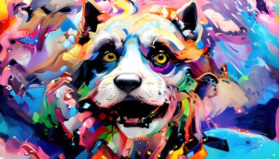 HQ,solo,looking at viewer,yellow eyes,white hair,no humans,mask,fire,colored sclera,wolf,yellow sclera,colorful,abstract,animal,dog