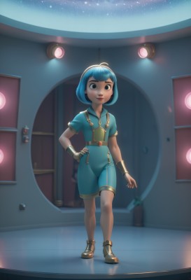 1girl,solo,looking at viewer,smile,short hair,bangs,shirt,jewelry,blue hair,standing,full body,short sleeves,hairband,boots,shoes,shorts,belt,artist name,indoors,black eyes,flat chest,bracelet,lips,hand on hip,blue shirt,wristband,star (sky),reflection,door,potted plant,overalls,space,gloves,ahoge,fingerless gloves,bodysuit,watermark