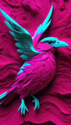 solo,looking at viewer,blue eyes,closed mouth,full body,wings,black eyes,from side,pokemon (creature),no humans,bird,animal,pink background,feathers,feathered wings,animal focus,pink theme,talons,beak,open mouth,signature,watermark,flying