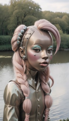 1girl,solo,long hair,looking at viewer,shirt,brown eyes,jewelry,upper body,pink hair,braid,earrings,outdoors,water,twin braids,tree,lips,wet,makeup,buttons,facial mark,lipstick,wet clothes,eyeshadow,nose,facepaint,multiple braids,hair ornament,multicolored hair,parted lips,teeth,artist name,eyelashes,piercing,realistic,mascara