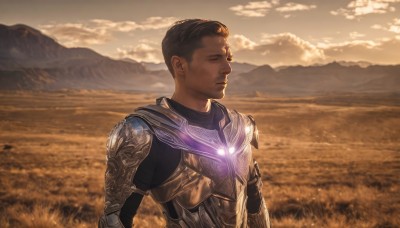 solo,short hair,brown hair,black hair,1boy,closed mouth,upper body,male focus,outdoors,sky,cloud,armor,glowing,facial hair,cloudy sky,shoulder armor,pauldrons,sunset,breastplate,mountain,realistic,field,dark skin,scenery