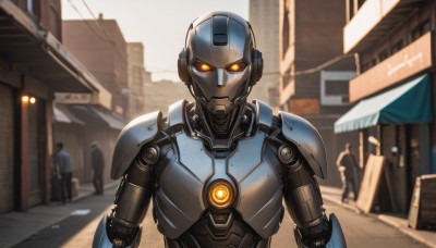 looking at viewer,1boy,upper body,male focus,outdoors,multiple boys,solo focus,armor,blurry,orange eyes,blurry background,glowing,robot,building,mecha,glowing eyes,science fiction,city,realistic,road,straight-on,police,street,police uniform,power armor,humanoid robot,1girl,portrait,android,joints,multiple others,robot joints,cyberpunk