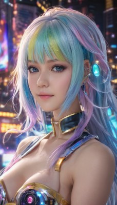 1girl,solo,long hair,breasts,looking at viewer,bangs,blue eyes,blonde hair,large breasts,cleavage,bare shoulders,jewelry,medium breasts,closed mouth,blue hair,collarbone,upper body,pink hair,multicolored hair,earrings,choker,blurry,two-tone hair,lips,streaked hair,gradient hair,blurry background,gem,science fiction,realistic,nose,cyberpunk,green hair,eyelashes,makeup,detached collar,depth of field,pink lips,neon lights