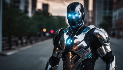 solo,looking at viewer,blue eyes,1boy,upper body,male focus,outdoors,armor,blurry,blurry background,glowing,building,glowing eyes,science fiction,city,alien,power armor,neon trim,power suit,night,helmet,realistic,road,white eyes,no pupils,superhero