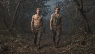 short hair,blonde hair,brown hair,navel,jewelry,standing,male focus,boots,outdoors,multiple boys,pants,2boys,necklace,tree,muscular,facial hair,siblings,nature,forest,walking,topless male,realistic,arms at sides,dirty,pectorals