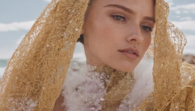 1girl,solo,long hair,looking at viewer,brown hair,brown eyes,outdoors,parted lips,sky,teeth,day,cloud,blurry,lips,eyelashes,blurry background,portrait,snow,freckles,realistic,nose,short hair,black hair,fur trim,veil,close-up,mole on cheek