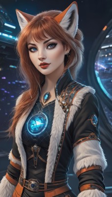 1girl,solo,long hair,breasts,looking at viewer,bangs,blue eyes,brown hair,long sleeves,animal ears,jewelry,jacket,upper body,earrings,parted lips,open clothes,belt,cat ears,necklace,lips,fur trim,fox ears,makeup,lipstick,brooch,gem,pendant,eyeshadow,freckles,red lips,smile,dress,closed mouth,artist name,orange hair,wolf ears