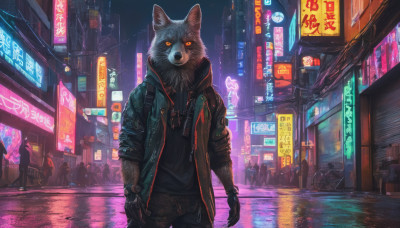 looking at viewer, 1boy, standing, jacket, outdoors, open clothes, solo focus, pants, open jacket, dutch angle, night, glowing, ground vehicle, building, scenery, furry, watch, city, sign, road, street, bicycle, cyberpunk, neon lights