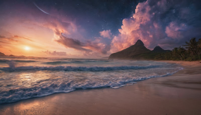 outdoors, sky, cloud, water, dutch angle, no humans, night, ocean, beach, moon, cloudy sky, star (sky), night sky, scenery, starry sky, sunset, sand, horizon, shore