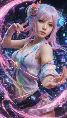 1girl,solo,long hair,breasts,looking at viewer,blue eyes,skirt,hair ornament,navel,cleavage,bare shoulders,jewelry,medium breasts,pink hair,multicolored hair,parted lips,detached sleeves,midriff,belt,miniskirt,nail polish,bracelet,lips,grey eyes,gradient hair,headphones,ring,realistic,twintails,artist name,water,watermark,web address,science fiction,water drop