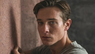 solo,looking at viewer,short hair,brown hair,shirt,black hair,1boy,closed mouth,male focus,blurry,grey eyes,blurry background,portrait,realistic,blonde hair,white shirt,indoors,lips,expressionless