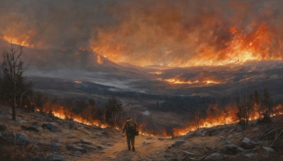 solo,1boy,standing,outdoors,sky,cloud,bag,from behind,tree,backpack,fire,nature,scenery,1other,forest,smoke,walking,rock,mountain,ruins,bare tree,landscape,ambiguous gender,burning,molten rock,road