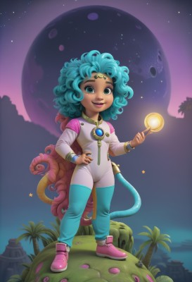 1girl,solo,looking at viewer,smile,blue eyes,jewelry,green eyes,blue hair,standing,full body,sky,shoes,dark skin,star (symbol),bracelet,dark-skinned female,tree,lips,hand on hip,aqua hair,bodysuit,makeup,night,moon,lipstick,child,star (sky),night sky,tentacles,starry sky,curly hair,circlet,palm tree,pink footwear,space,planet,alien,long hair,green hair,artist name,aqua eyes,facial mark,plant,forehead mark