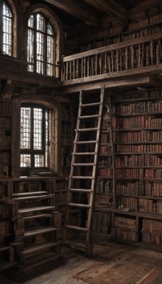 day,indoors,book,no humans,window,chair,sunlight,scenery,wooden floor,stairs,railing,bookshelf,library,ladder,voile,weapon,blood,table,fantasy,carpet