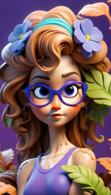 1girl,solo,long hair,breasts,looking at viewer,blush,blue eyes,brown hair,hair ornament,bare shoulders,jewelry,collarbone,upper body,flower,hairband,earrings,small breasts,glasses,hair flower,orange hair,mole,lips,eyelashes,makeup,leaf,tank top,plant,lipstick,eyeshadow,freckles,purple background,curly hair,nose,blue hairband,mascara,blue-framed eyewear,blue eyeshadow,joints