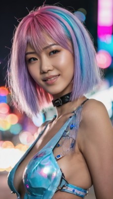 1girl,solo,breasts,looking at viewer,smile,short hair,bangs,blue eyes,cleavage,bare shoulders,medium breasts,blue hair,collarbone,swimsuit,upper body,pink hair,bikini,multicolored hair,parted lips,teeth,choker,shiny,medium hair,grin,blurry,black eyes,collar,two-tone hair,lips,streaked hair,makeup,depth of field,blurry background,blue bikini,realistic,nose,bokeh,from side,sideboob,black choker,bob cut