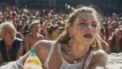 1girl,long hair,open mouth,blonde hair,brown hair,dress,bare shoulders,jewelry,collarbone,closed eyes,upper body,earrings,parted lips,food,multiple boys,teeth,solo focus,dark skin,water,necklace,blurry,dark-skinned female,lips,wet,depth of field,blurry background,tank top,6+boys,realistic,nose,wet hair,crowd,multiple girls,holding,white dress,bokeh