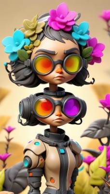 1girl,solo,breasts,short hair,multiple girls,black hair,hair ornament,2girls,upper body,flower,grey hair,heart,small breasts,hair flower,dark skin,dark-skinned female,lips,frown,leaf,goggles,tinted eyewear,looking at viewer,artist name,cyborg