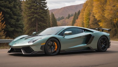 solo,outdoors,tree,no humans,ground vehicle,nature,motor vehicle,forest,mountain,car,vehicle focus,wheel,sports car,sky,cloud,from side