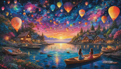 long hair, multiple girls, brown hair, black hair, dress, 2girls, sitting, flower, outdoors, sky, cloud, water, tree, night, ocean, building, star (sky), scenery, starry sky, reflection, fish, sunset, lantern, mountain, horizon, facing away, watercraft, architecture, house, east asian architecture, river, twilight, ship, paper lantern, boat