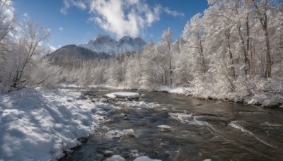 outdoors,sky,day,cloud,water,tree,blue sky,no humans,cloudy sky,nature,scenery,snow,forest,rock,mountain,winter,bare tree,landscape,pine tree,ice