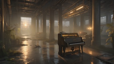 day,indoors,water,tree,no humans,window,sunlight,grass,plant,ground vehicle,scenery,motor vehicle,reflection,light rays,light,ruins,train,overgrown,chair,instrument,wooden floor,lamp,piano,ceiling light,grand piano